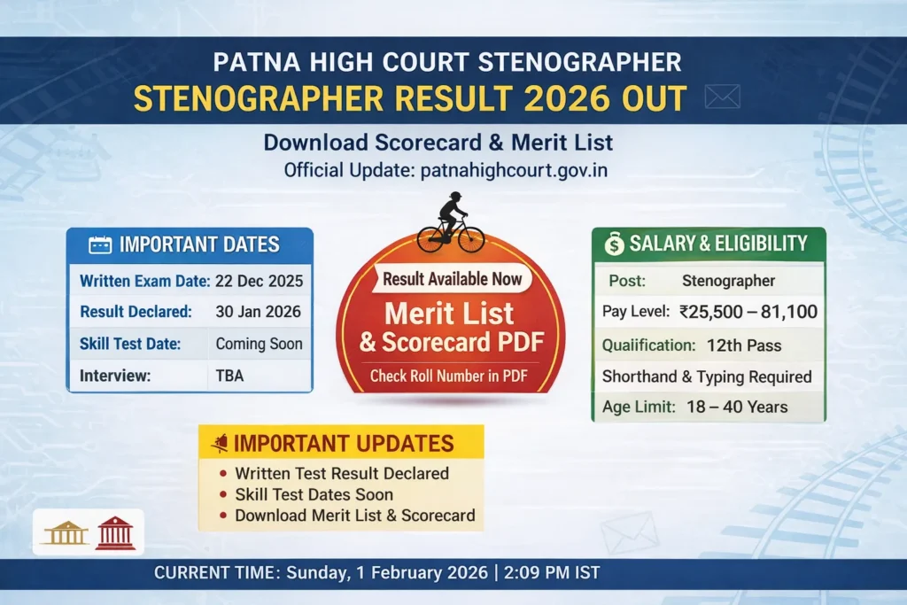 Patna High Court Stenographer Result 2026 Dashboard - Scorecard and Merit List Download