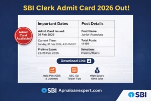 SBI Clerk Admit Card 2026 announcement with GDS salary details and SSC GD preparation tips infographic.