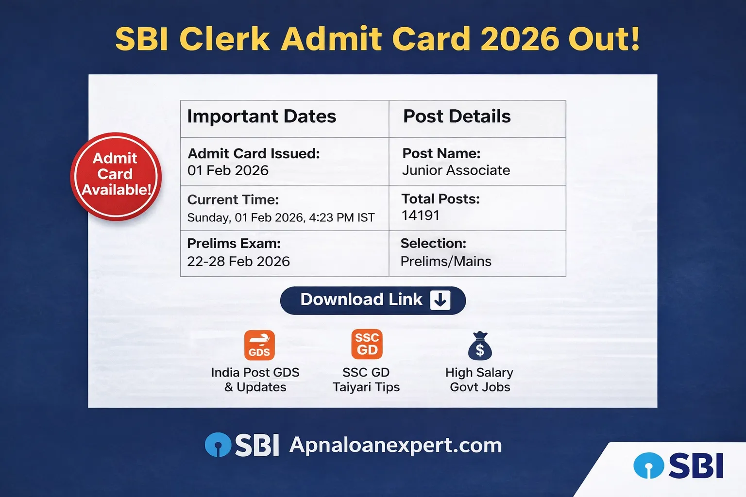 SBI Clerk Admit Card 2026 announcement with GDS salary details and SSC GD preparation tips infographic.
